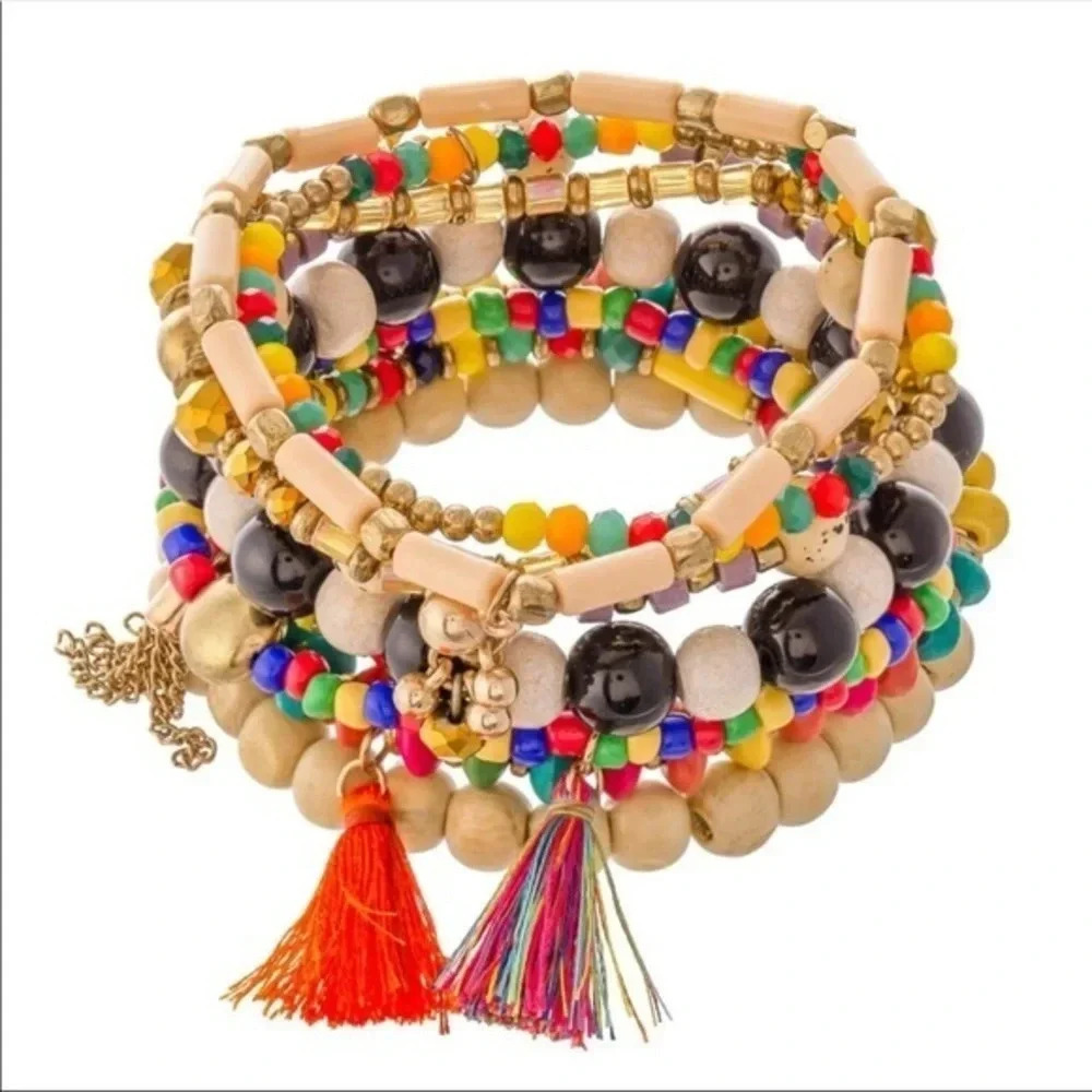 beaded bracelets featuring tassel accents